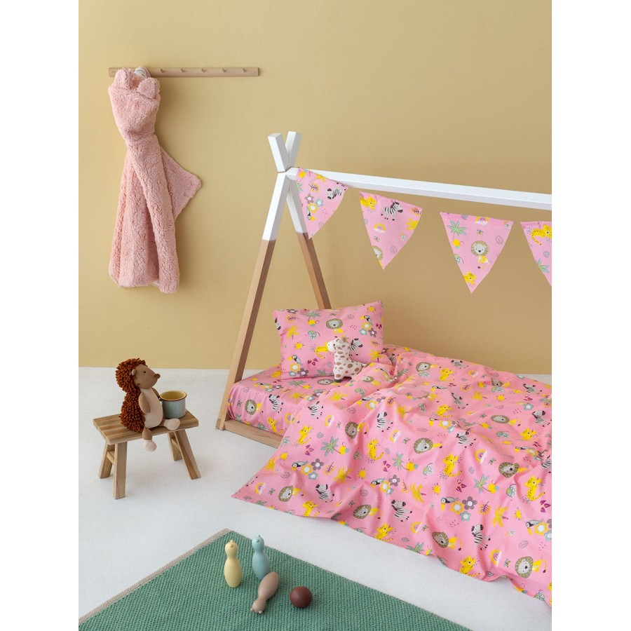 Palamaiki Home Σετ Σεντόνια Κούνιας My Kingdom Baby 130X170 Zoo Pink (MK754)